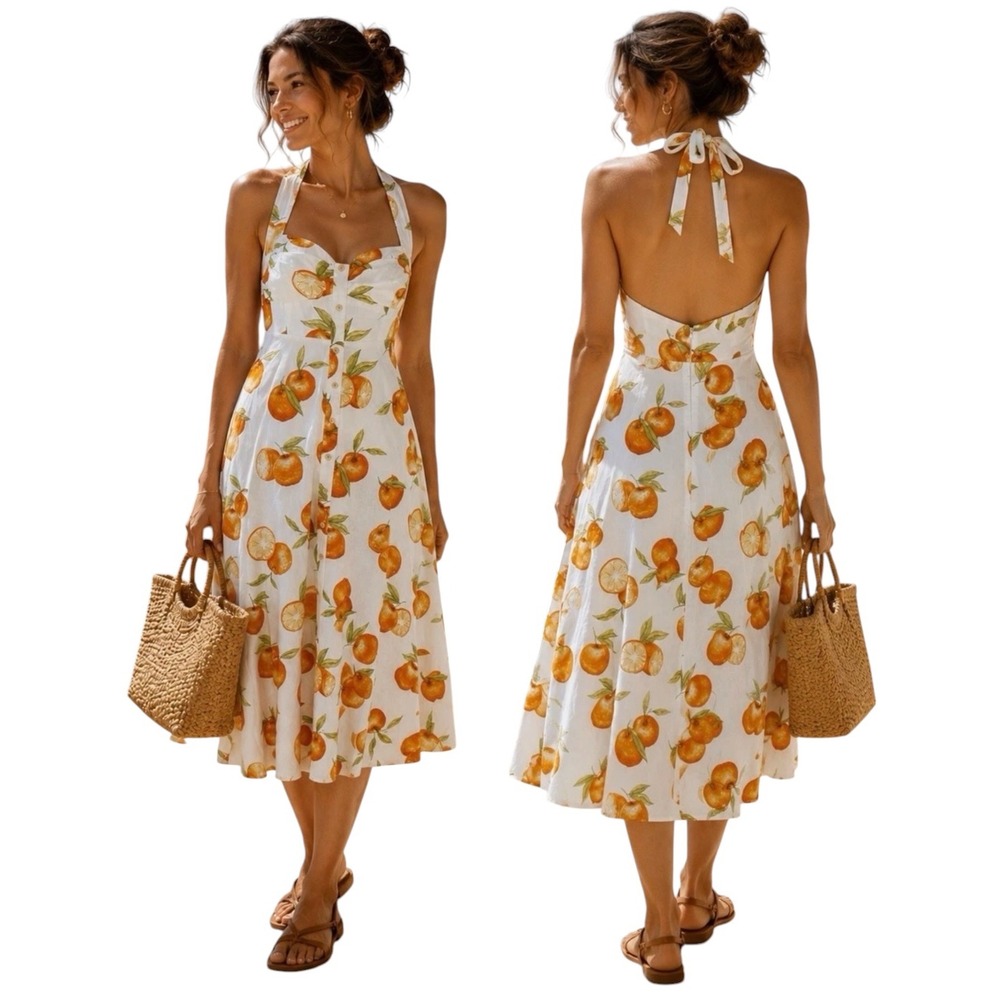 Zara Orange Citrus Print Halter Midi Dress White Linen Blend XS Sweetheart Neck